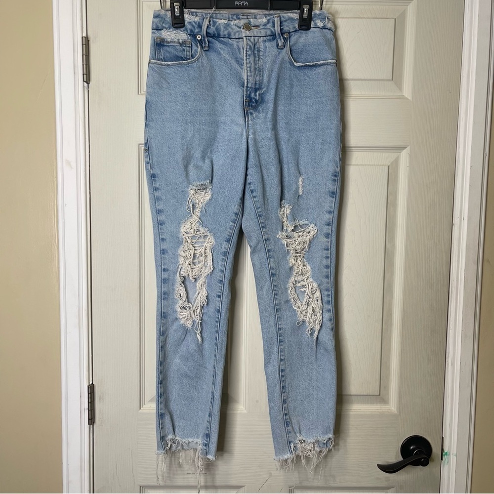Good American Good Vintage Distressed Light Wash Straight Jeans Sz 6/28